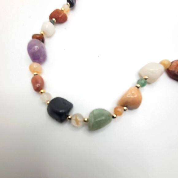 Vintage Multistone Beaded Necklace Polished Stone Pendant Screw Clasp - Picture 4 of 4